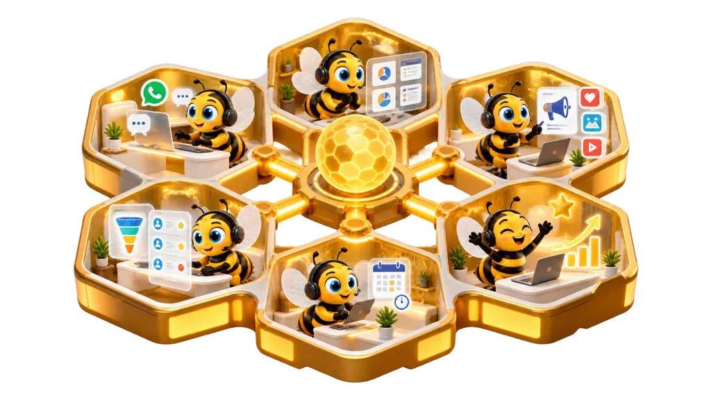 Six connected hive rooms around a glowing honeycomb core, with a BEE at work in each.