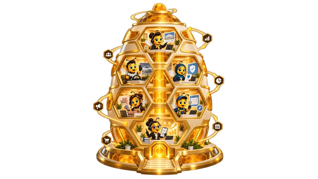 A golden honeycomb tower with six rooms, a different BEE at work in each.
