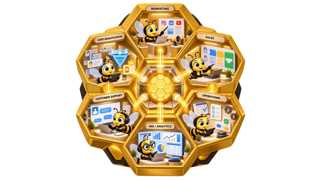 Inside the hive: six rooms around one shared centre, a BEE at work in each.